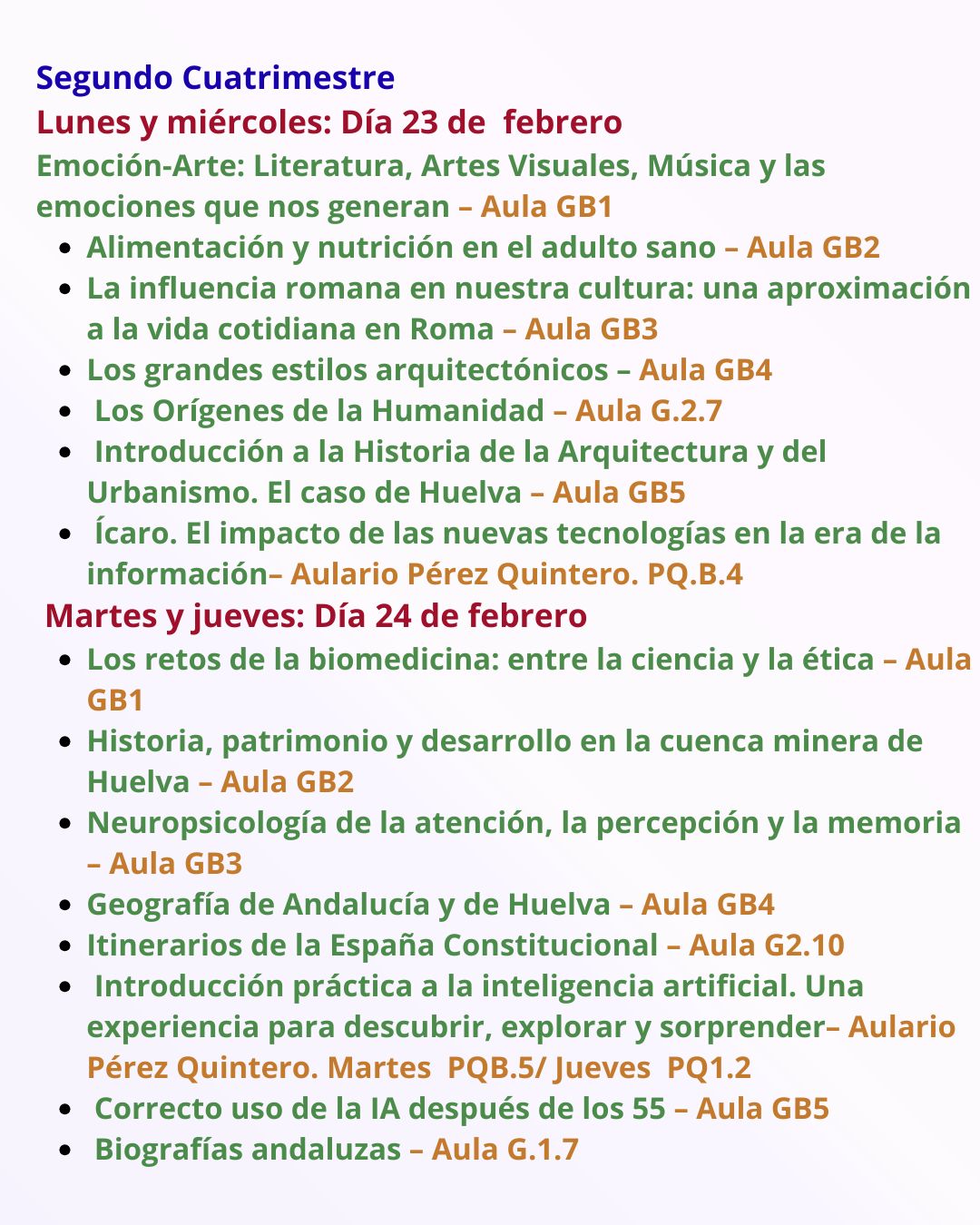 Distribución de aulas por asignaturas 2 cuatrimestre